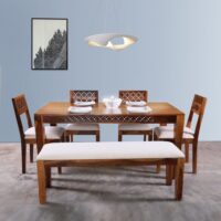 DOMY DINING SET 4 CHAIR WITH BENCH SOLID WOOD IN HONEY FINISH