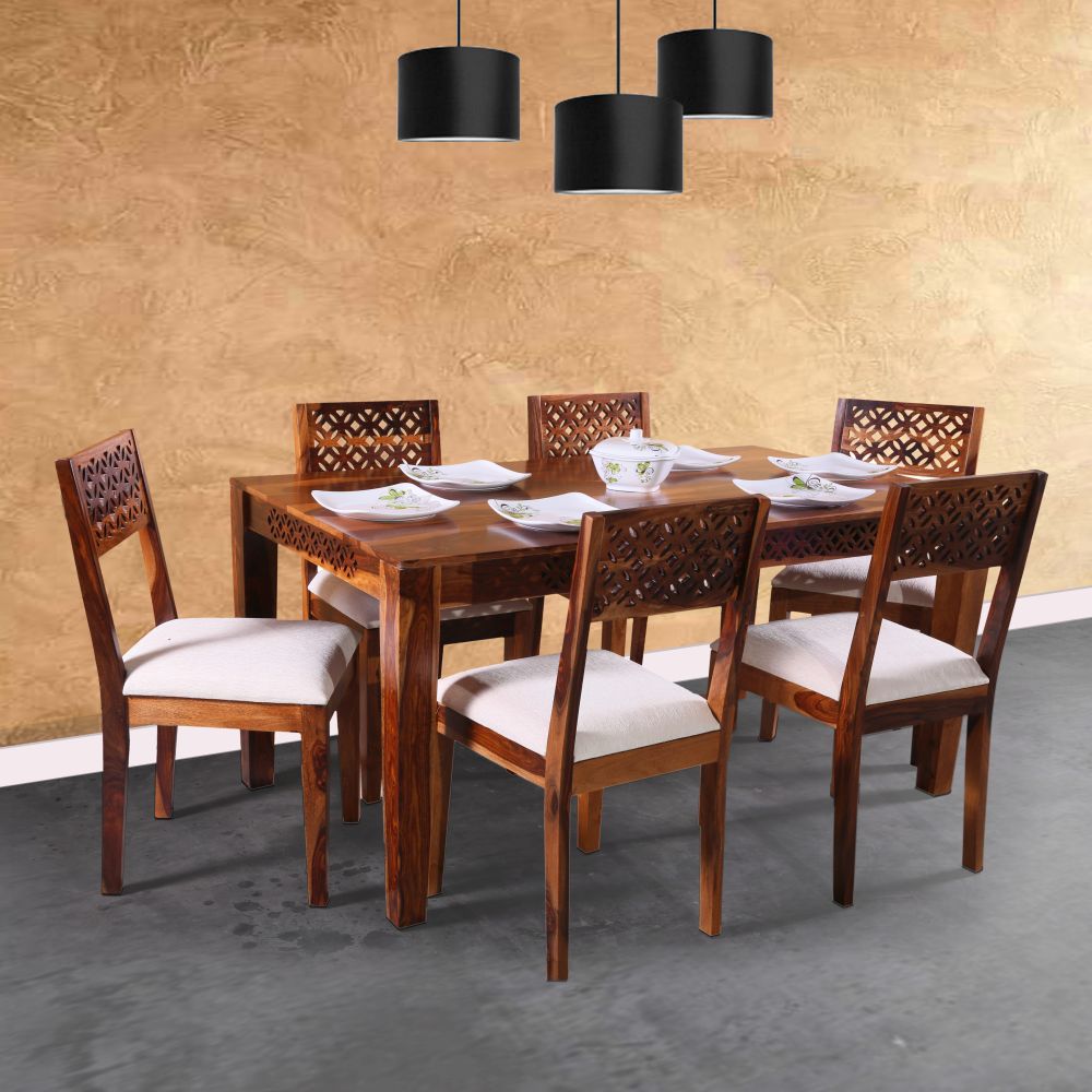 ROYALE DINING SET OF WITH 6 CHAIRS SOLID WOOD IN HONEY FINISH