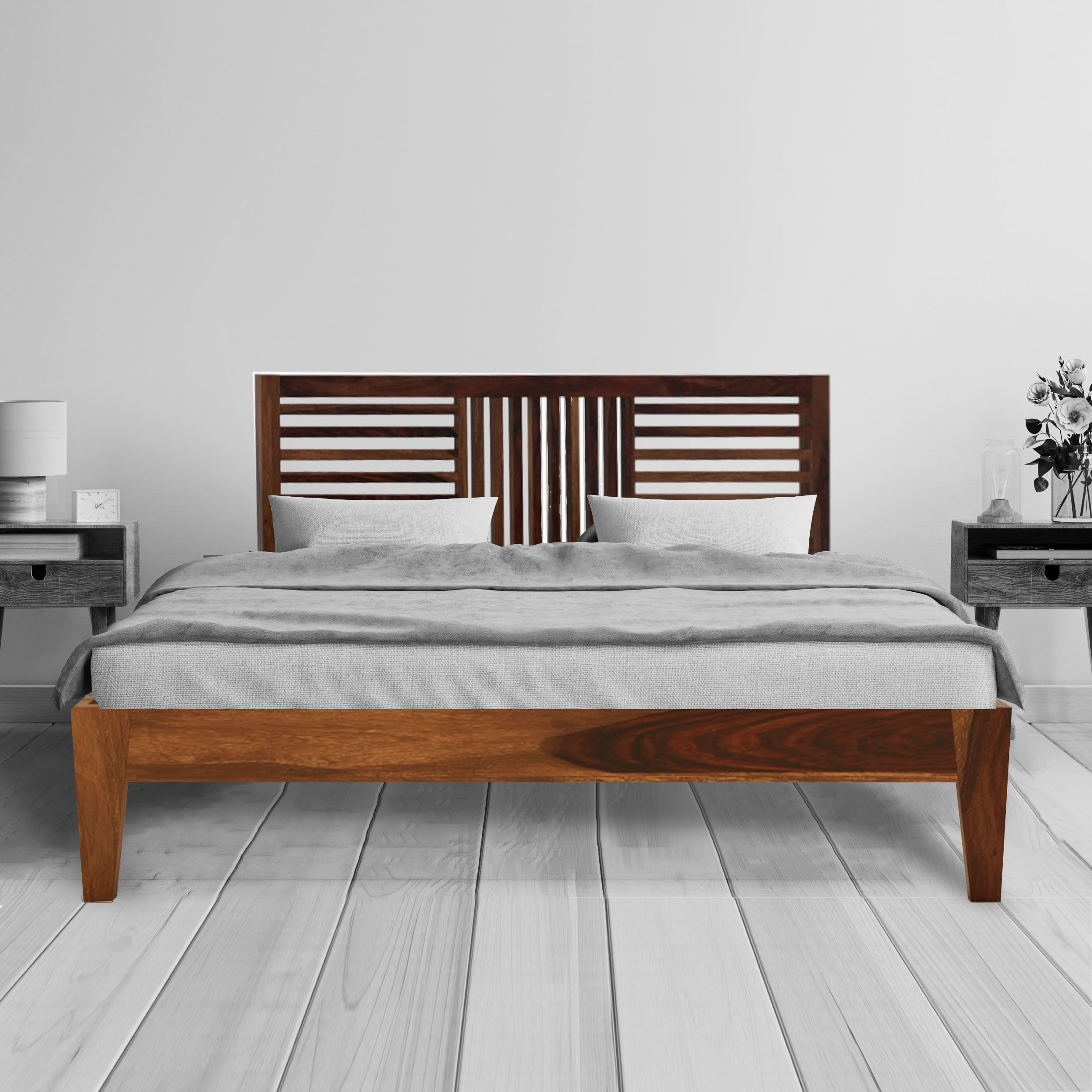 Aura solid wood queen size walnut finish bed