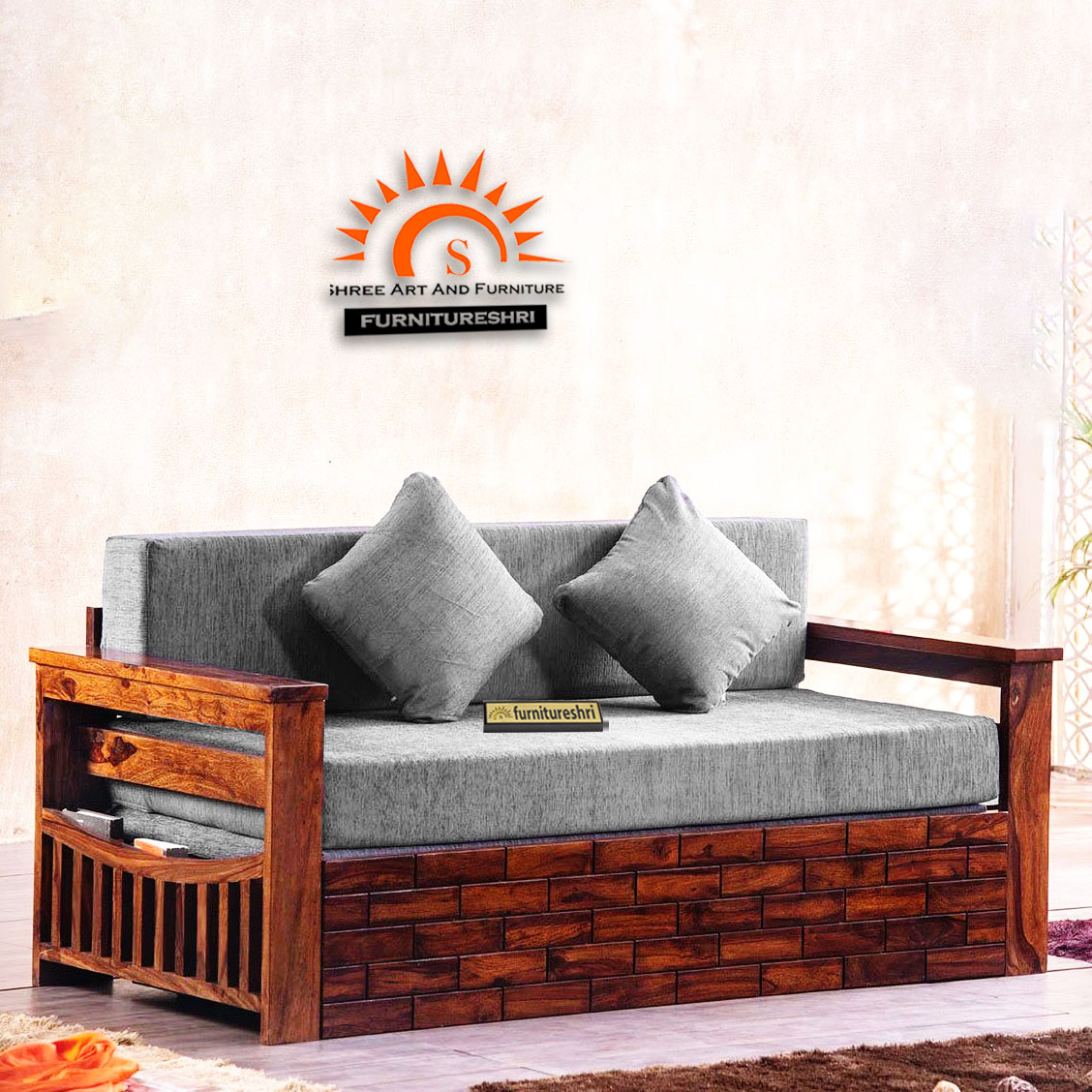 Brick Solid Wood Sofa Cum Bed With Storage